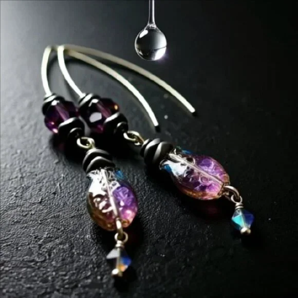 Purple + Black Iridescent Glass Fish Danglers ~ Goth + Beachy! Sea Life Earrings - Picture 1 of 13